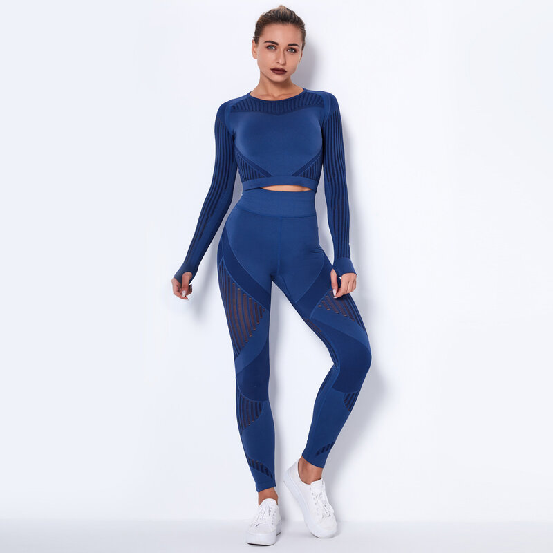 New Seamless Mesh Quick-drying Sports Fitness Long-sleeved Striped Fitness Trousers High Elastic Yoga Suit Moisture Wicking