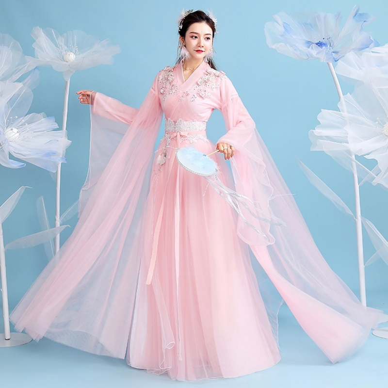 Big Sleeve Mantel Neuheit Rosa Frauen Cosplay Fee Unsterblich Hanfu Neue Blume Neue Bühne Leistung Kleidung Mesh Hanfu Kleid