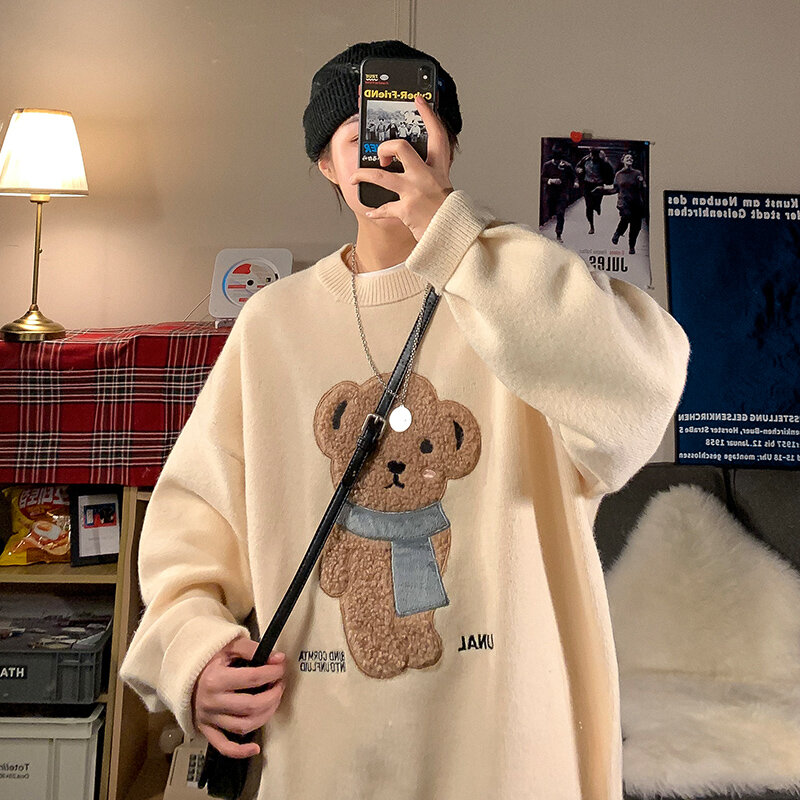 ผู้หญิง Pullovers ฤดูหนาวจัมเปอร์จัมเปอร์น่ารักหมีเสื้อกันหนาวถัก Harajuku 2022รอบคอหลวม Pullovers ขนาดใหญ่วั...