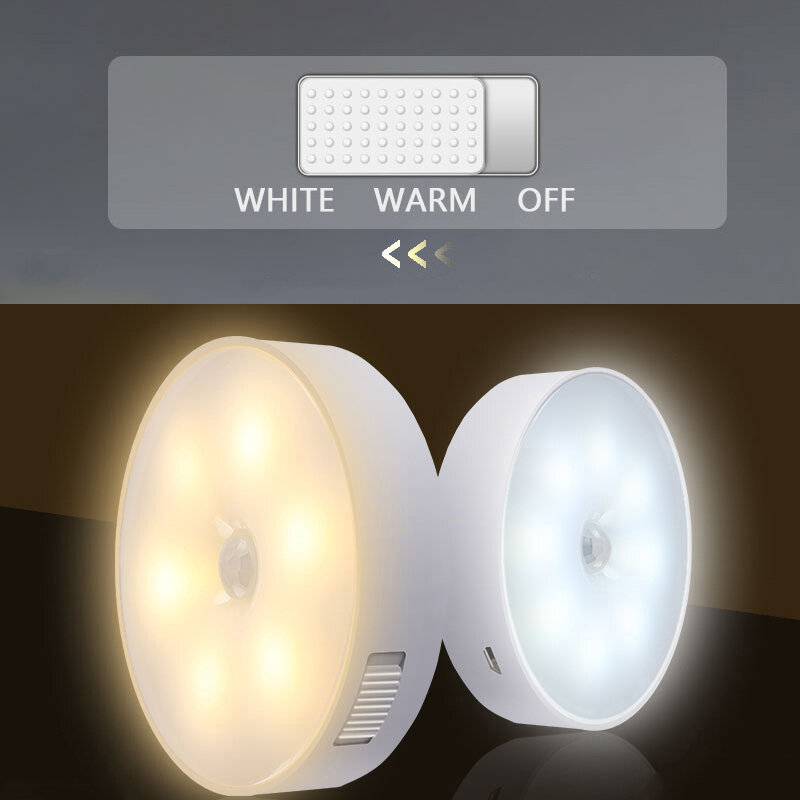 Czujnik ruchu lampka nocna z USB ładowanie dwóch-kolor LED światło nocne okrągłe Body lampa indukcyjna lampa szafy na szafkę bezprzewodowa światła
