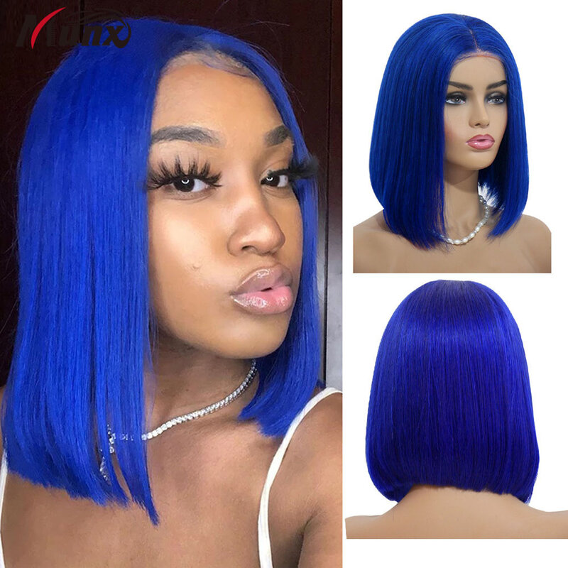 Niebieski Bob koronkowa peruka ludzki włos środkowa T część krótki 13x1x 4 peruki typu Lace front Glueless Blunt Cut Bob peruka peruka z prostymi włosami dla kobiet