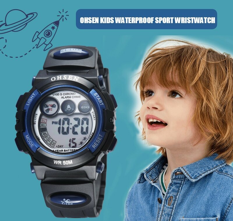 Детские водонепроницаемые электронные часы со светодиодной подсветкой, до 50 м