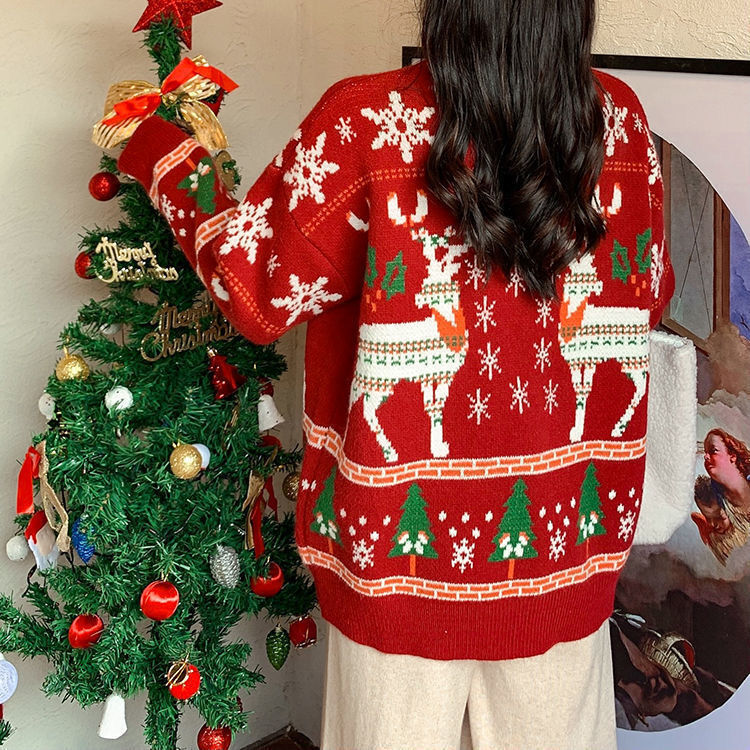 Sweter Wanita 2021 Pakaian Wanita Tebal Musim Gugur Musim Dingin Celana Kodok Longgar Leher-o Gambar Cetak Kartun Natal