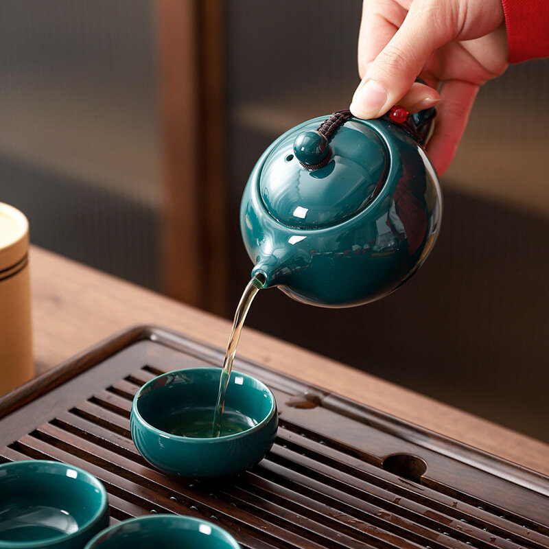 طقم شاي سيلادون إكسيشي 1 وعاء 4 أكواب مبخرة مزيج خشب الصندل حفل شاي صيني هدية GungFu كوب شاي توير