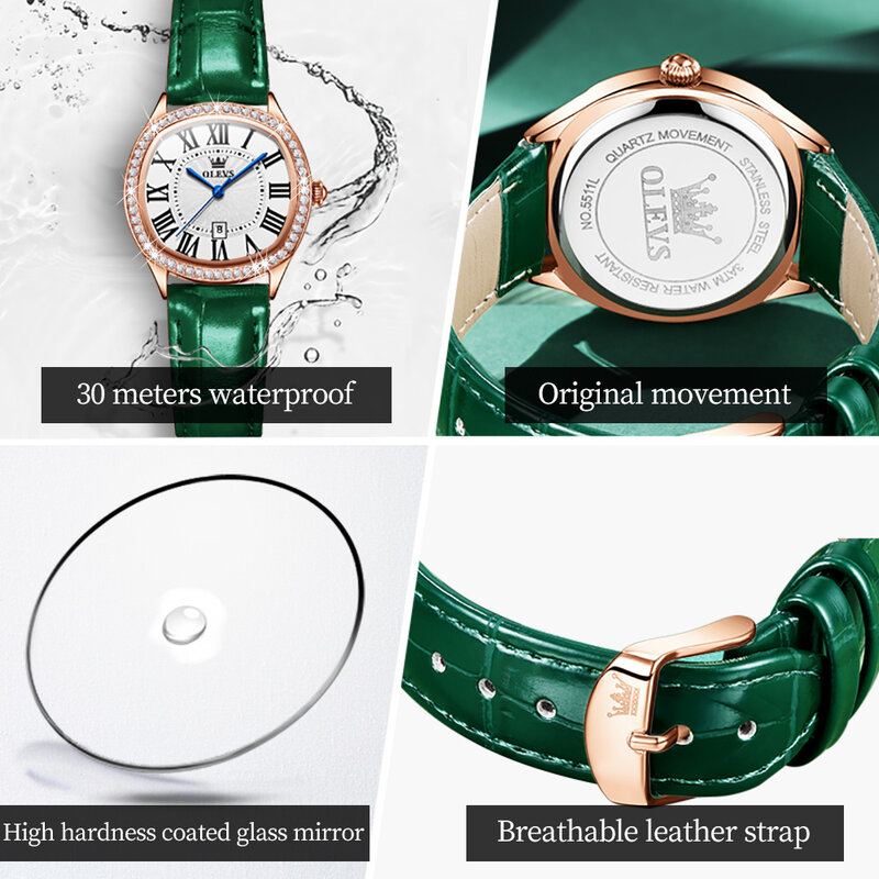 OLEVS موضة ساعات كوارتز للنساء مقاوم للماء الفردية كوريوم حزام المرأة ساعة اليد التقويم