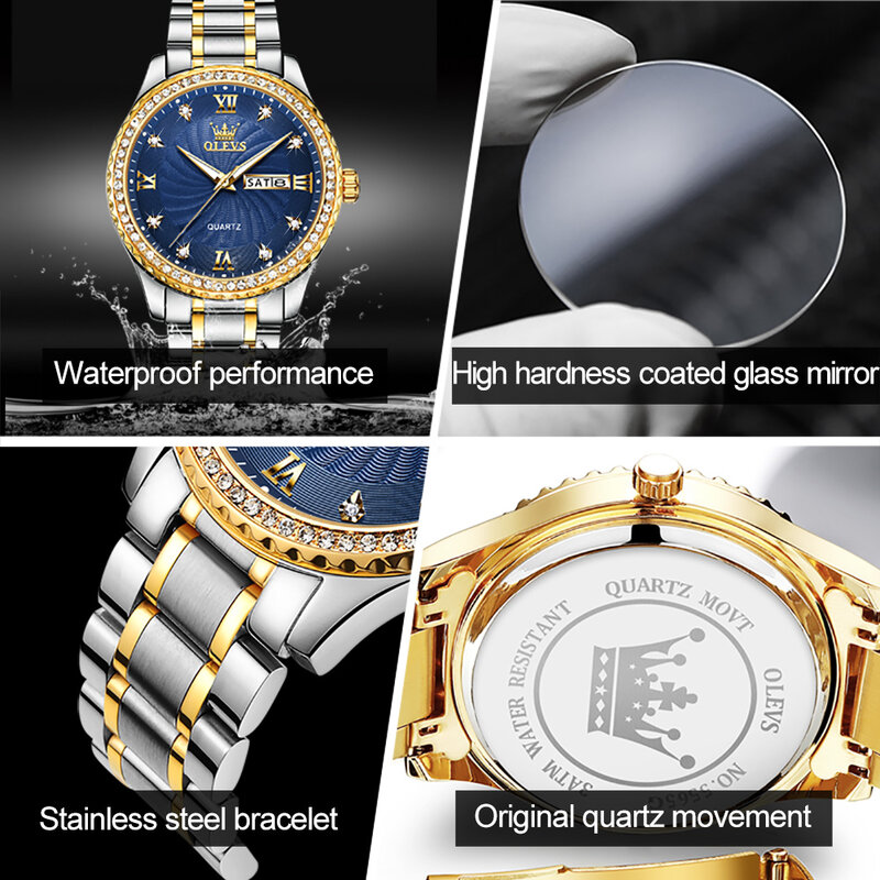 OLEVS Waterproof Business Men Wristwatches Quartz Stainless Steel Strap Golden Diamond-encrusted Luxury Watches for Men Luminous