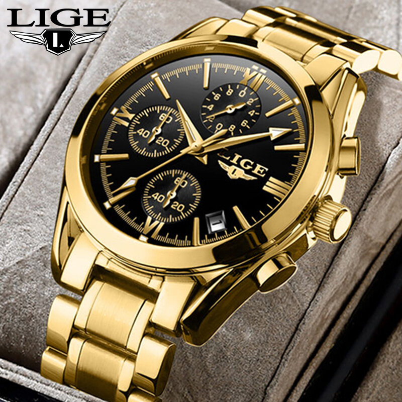 Часы LIGE Мужские кварцевые с большим циферблатом, роскошные брендовые водонепроницаемые спортивные золотистые наручные, с хронографом