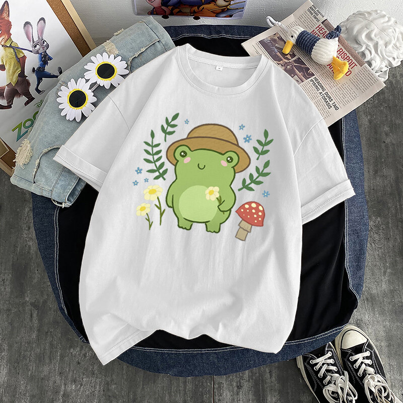 2022 New Summer Fun Frog 귀여운 그래픽 프린트 T 셔츠 여성용 탑스 미적 대형 T 셔츠 하라주쿠 캐주얼 여름 탑 티