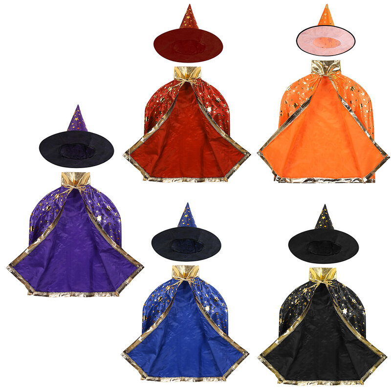 어린이 할로윈 의상 마녀 마법사 망토, 뾰족한 모자 세트, 애니메이션 코스프레 파티 별 패턴, 소녀 소년 마술사 복장