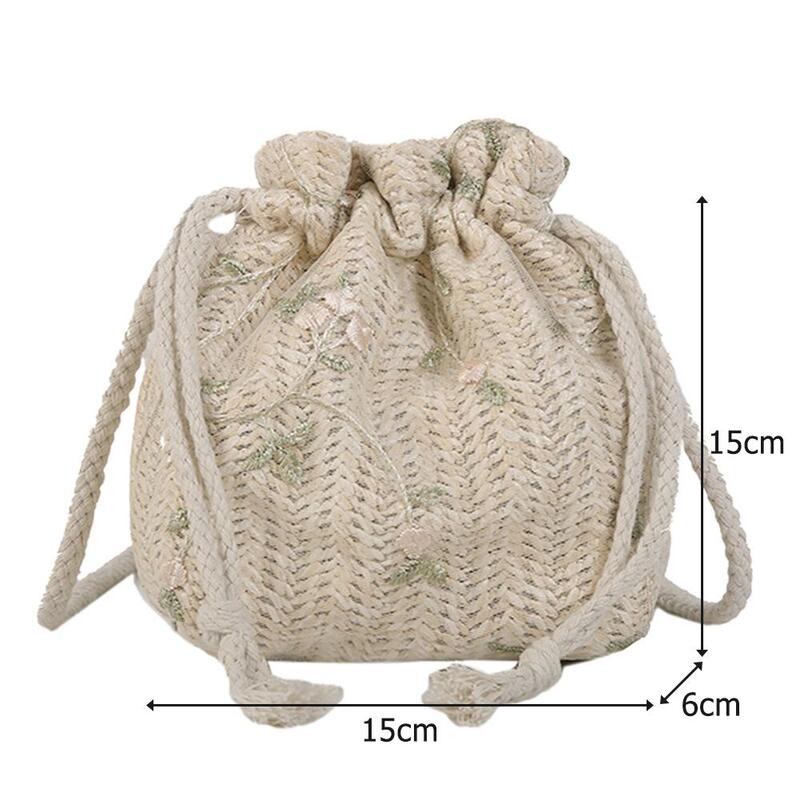 Small Shoulder Bags Women Drawstring Straw Beach Bags Flower Embroidery Bags Ladies Lace Crossbody Handbags for Travel