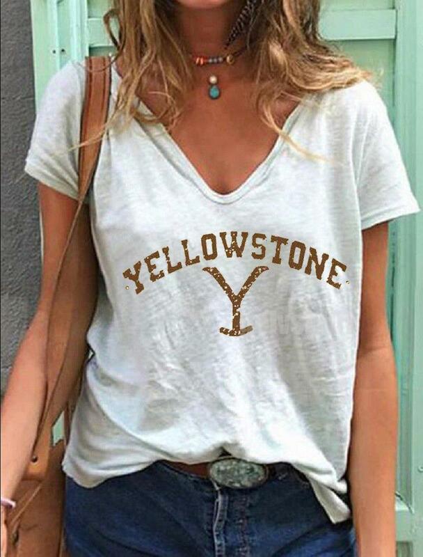 Yellowstone-レディース3DプリントTシャツ,ルーズ半袖VネックTシャツ,ヴィンテージ原宿レディースTシャツ