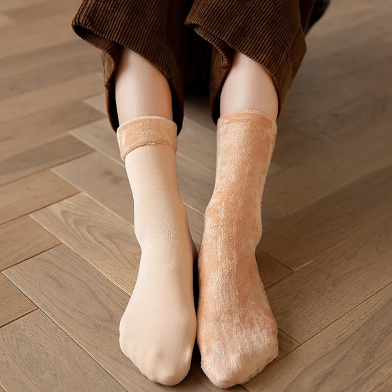 5Pairs/Lot Winter Warm Solid Women Socks Thicken Thermal Socks Wool Cashmere Black Skin Seamless Snow Sock Velvet Unisex Socks