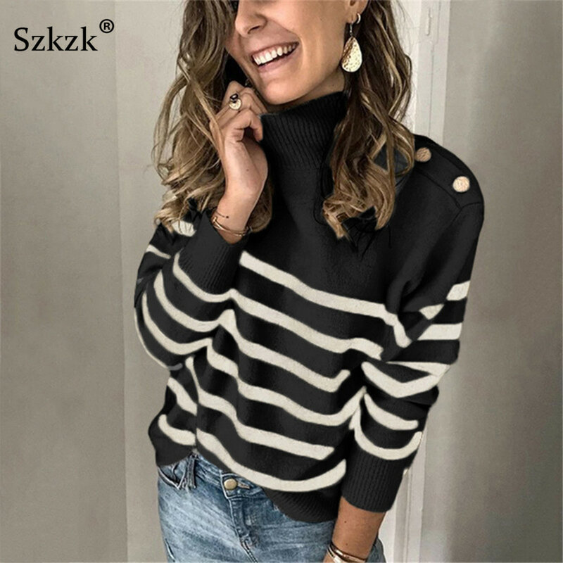 Szkzk-suéter de punto a rayas blancas y negras para mujer, Jersey femenino con botones, Jersey Sexy de manga larga con cuello alto, Otoño e Invierno