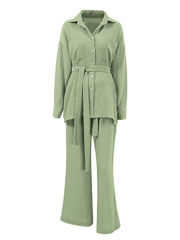 Conjunto de mono de lino para mujer, camisa de manga larga con botones y pantalones de pierna ancha, cintura con cordón, informal, verano, 2 piezas