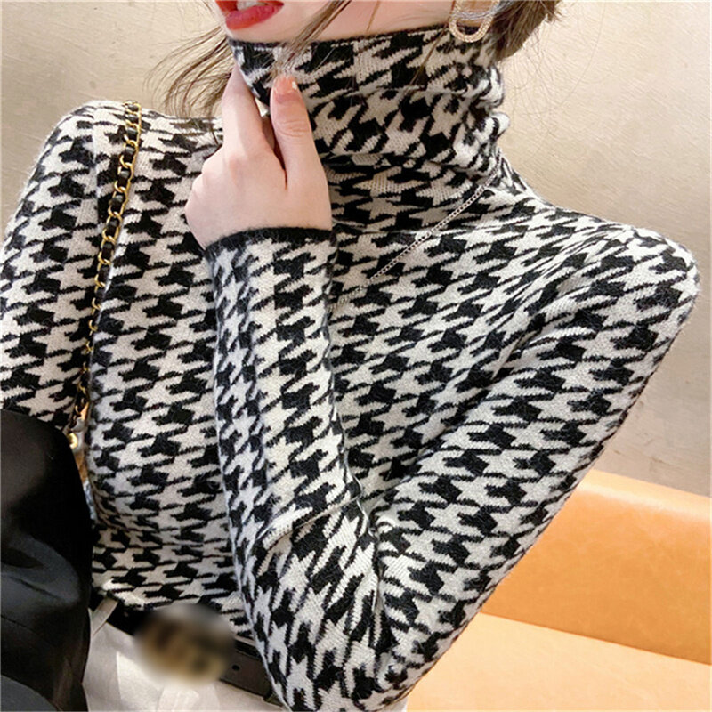 2023 novo outono inverno houndstooth apertado gola alta camisola xadrez camisola de malha feminina luxo chique fino pulôver alta qualidade