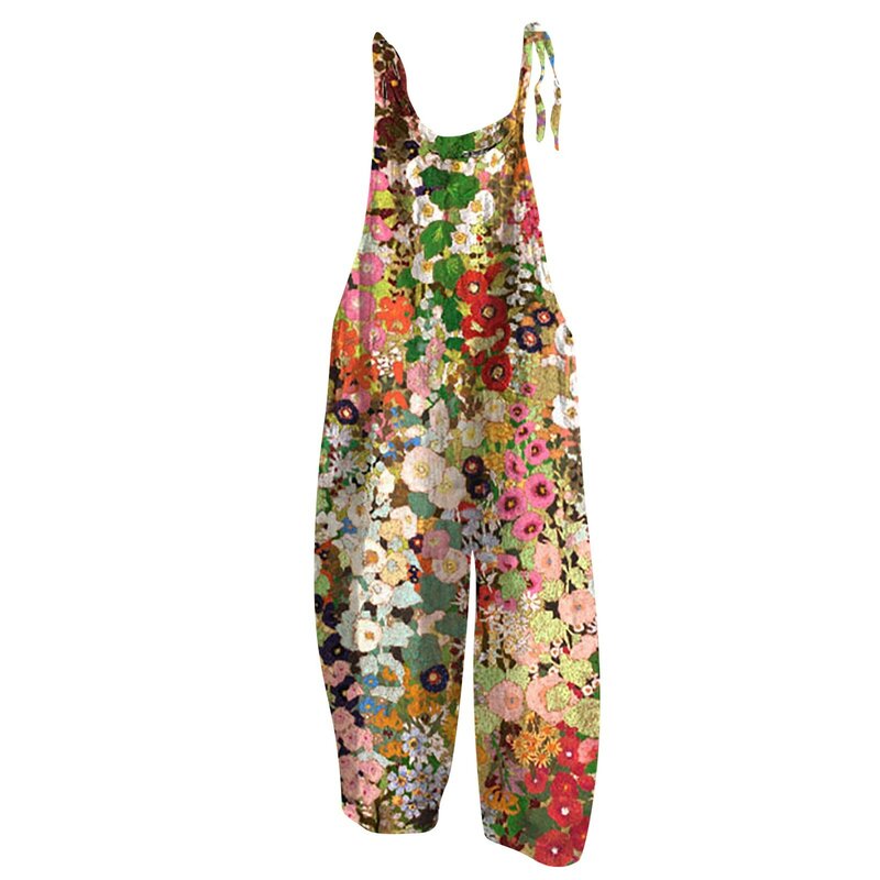 Womens casual floral imprimir alças ajustáveis macacões perna larga solta ajuste calças de baile roupa júnior linho solto macacão