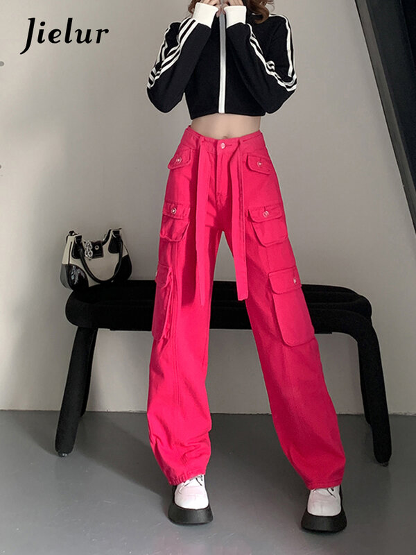 Jielur – jean Cargo de Style américain pour femme, pantalon droit, taille haute, décontracté, Y2K, ample, rouge, Rose, rue