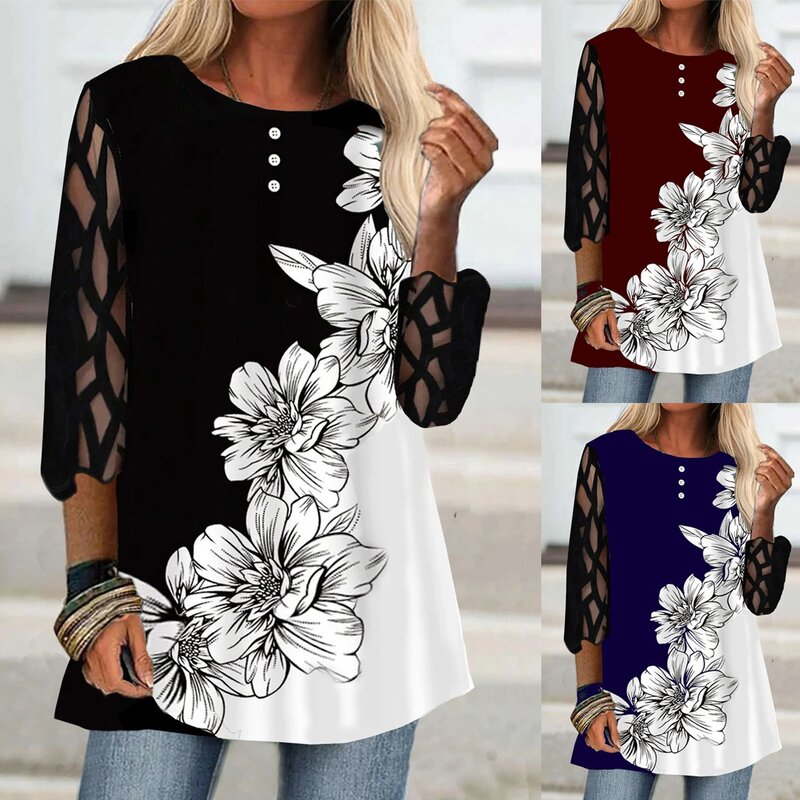 Baju wanita motif bunga, baju pakaian wanita musim semi musim gugur 2023, kaus kasual longgar, motif bunga, leher bulat, lengan jala lengan TopsHalf