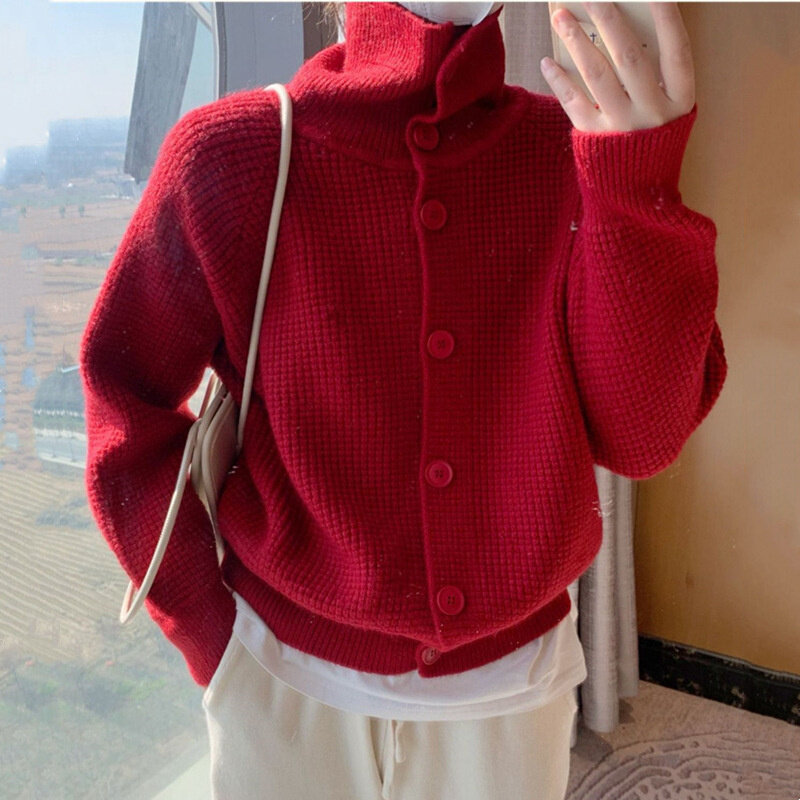 Женский однобортный вязаный кардиган, повседневный свободный свитер с длинным рукавом и лацканами, Осень-зима