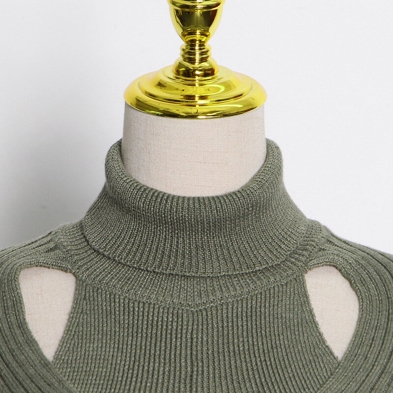 2022 spring new irregular hollow high-neck solid color short slim sweater women