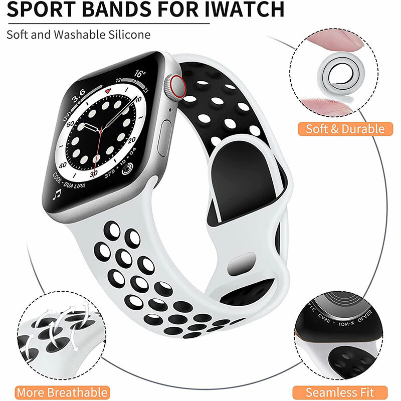 Correa de silicona para Apple Watch, banda de 45mm, 41mm, 44mm, 40mm, 38mm, 42mm, accesorios transpirables, pulsera de reloj iWatch 7 SE 6 5 4 3