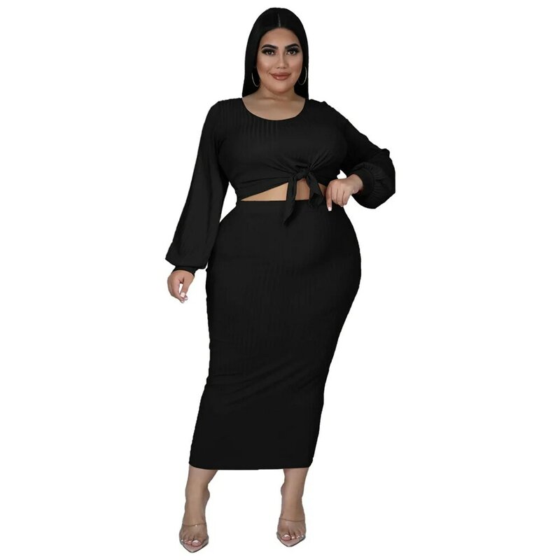 Plus Size Women Clothing Knitted Ribbing Two Piece Set Long Sleeve Lace Up Short Shirt Bodycon Skirts Sets Solid Matching Suit