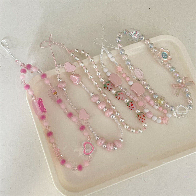 Simple Pink Bear Heart Strawberry Bowknot Flower Acrylic Imitation Pearl Beaded Phone Chain for Women Girls Sweet Accessories