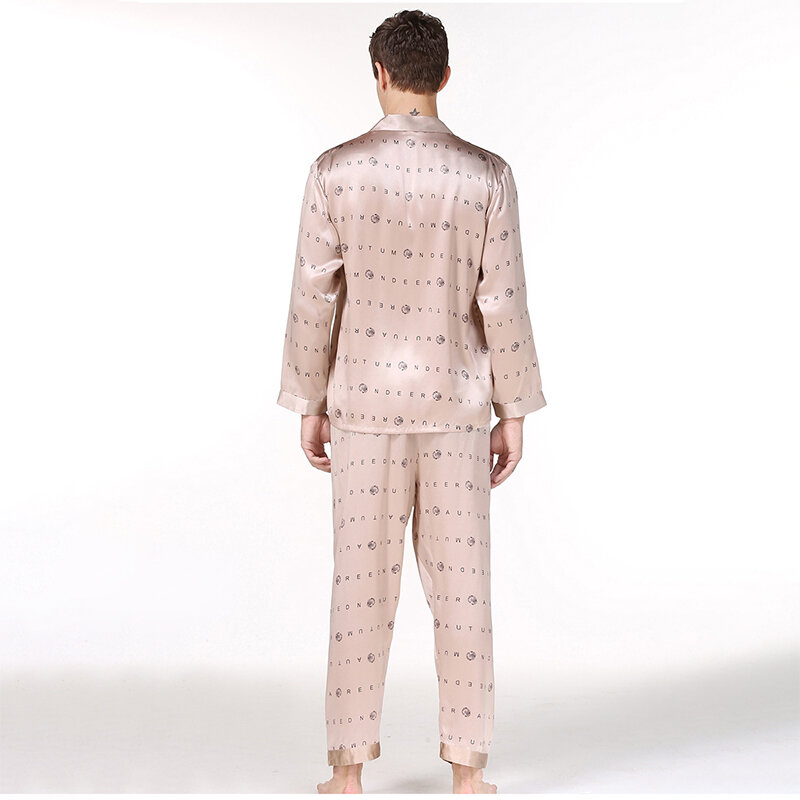 100% 뽕나무 실크 남성 잠옷 세트 인쇄 고귀한 노치 칼라 풀 슬리브 탑 신축성있는 허리와 전체 길이 바지