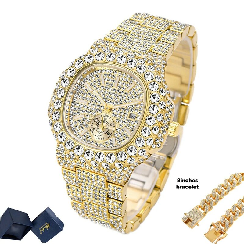 Hip Hop Iced Out Uhr für Männer Luxus Voll Bling Diamanten Herren Uhren Quarz Armbanduhr Wasserdicht 18K Gold Relogio masculino