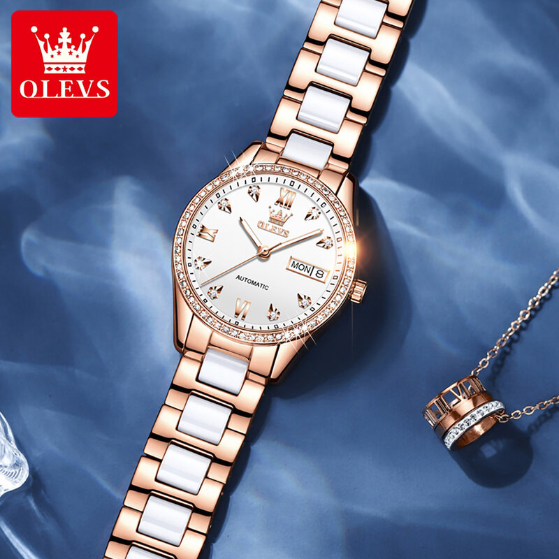 OLEVS กันน้ำแฟชั่นผู้หญิงนาฬิกาข้อมือคุณภาพสูงเต็มอัตโนมัติอัตโนมัติสายนาฬิกาเซรามิคนาฬิก...
