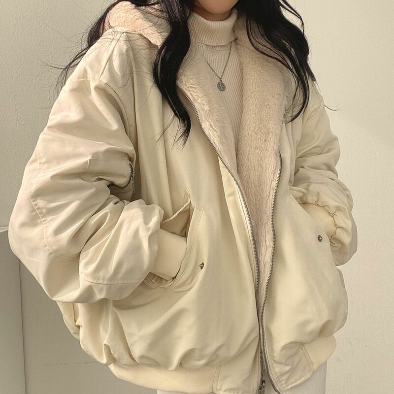 Cashmere engrossado cordeiro lã algodão vestido em ambos os lados casaco feminino novo inverno zip casaco de algodão com capuz