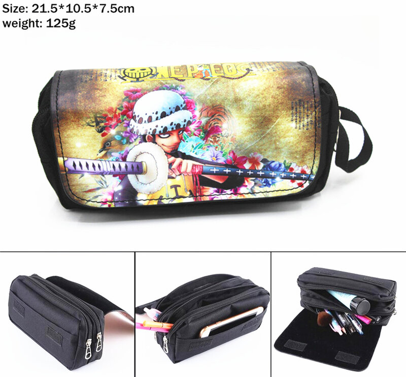 Estuche de lápices de lona de Anime Luffy Law Luffy, bolsa de viaje portátil para mujer, bolsa de cosméticos, bolsas de papelería con cremallera