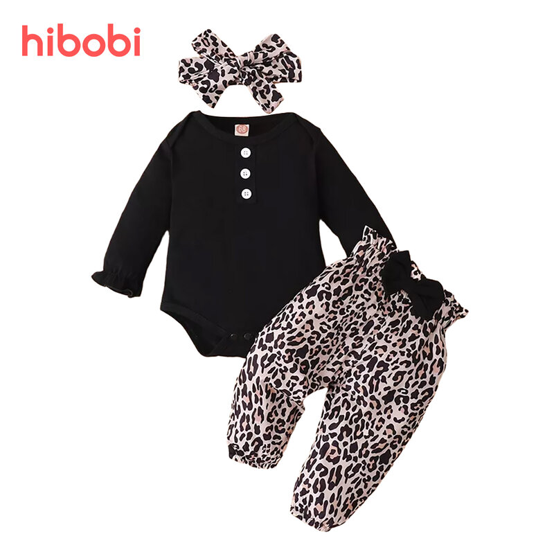 Hibobi Romper Bayi Perempuan 3/4 Potong Atasan Lengan Panjang Ruffle & Celana Motif Bunga dengan Ikat Kepala untuk Set Pakaian Bayi Perempuan Baru Lahir