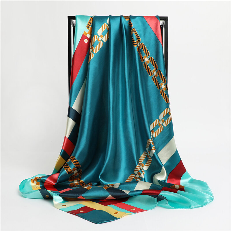Женский атласный Шелковый Хиджаб с клетчатым принтом, квадратный шарф, бандана, повязка на голову, шейный платок, женские шали, повязка на го...