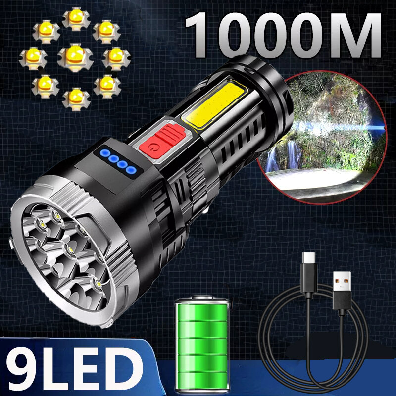 9 Core Super Bright LED Flashlight COB Outdoor Portable Rechargeable Light Multifunction Waterproof Long range Hiking Camping