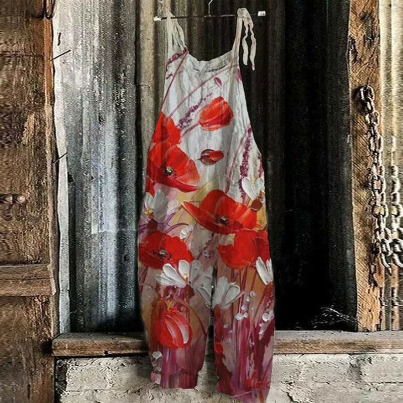 Womens casual floral imprimir alças ajustáveis macacões perna larga solta ajuste calças de baile roupa júnior linho solto macacão
