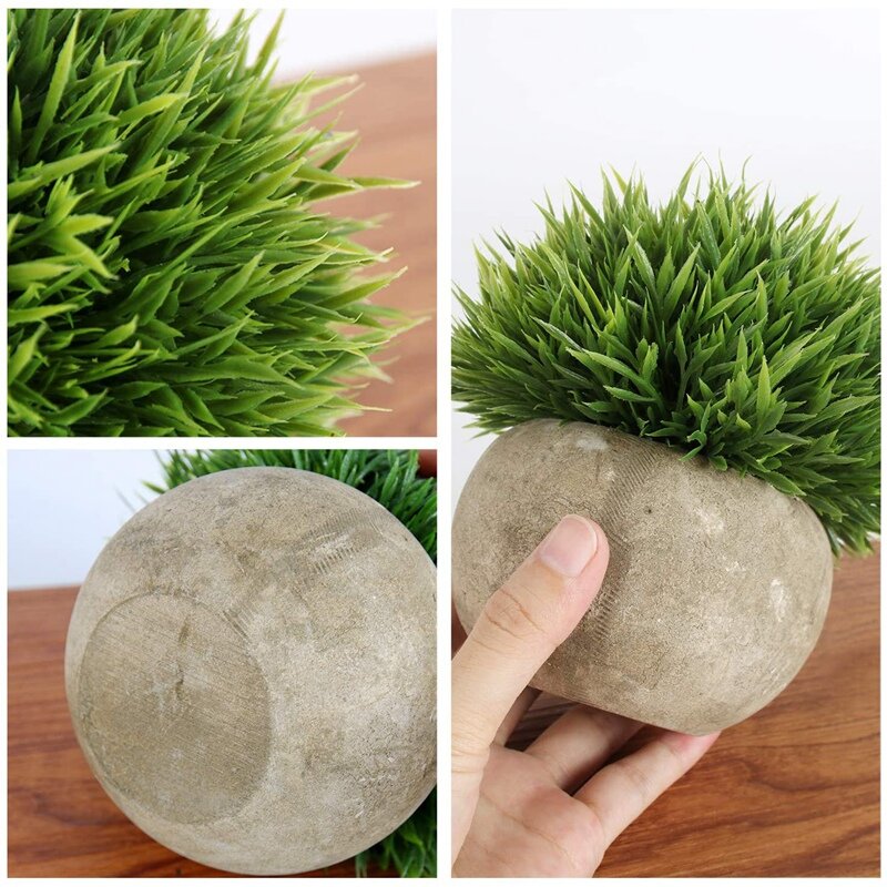Artificial Plant Round Grass With Grey Pot,Indoor And Outdoor Fake Plants Plastic Plant For House Office Desk Bedroom