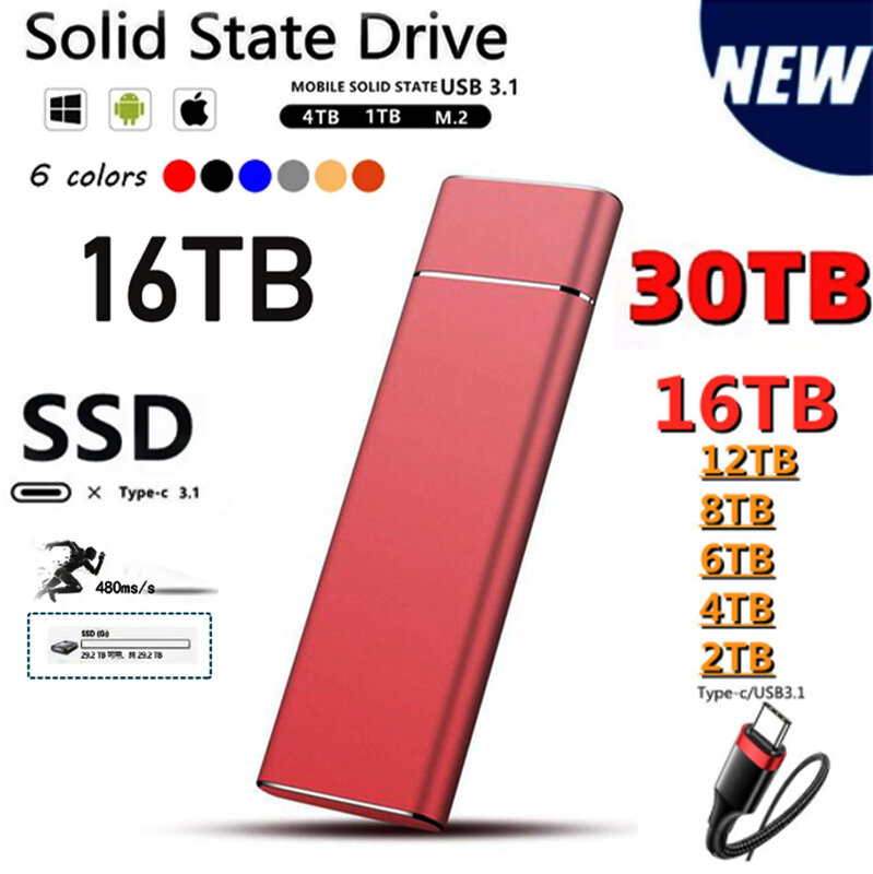 SSD portátil de alta velocidad, 2TB, 1TB, 500GB, disco duro externo de 4TB, 16TB, tipo C, USB 3,1, almacenamiento externo para portátiles