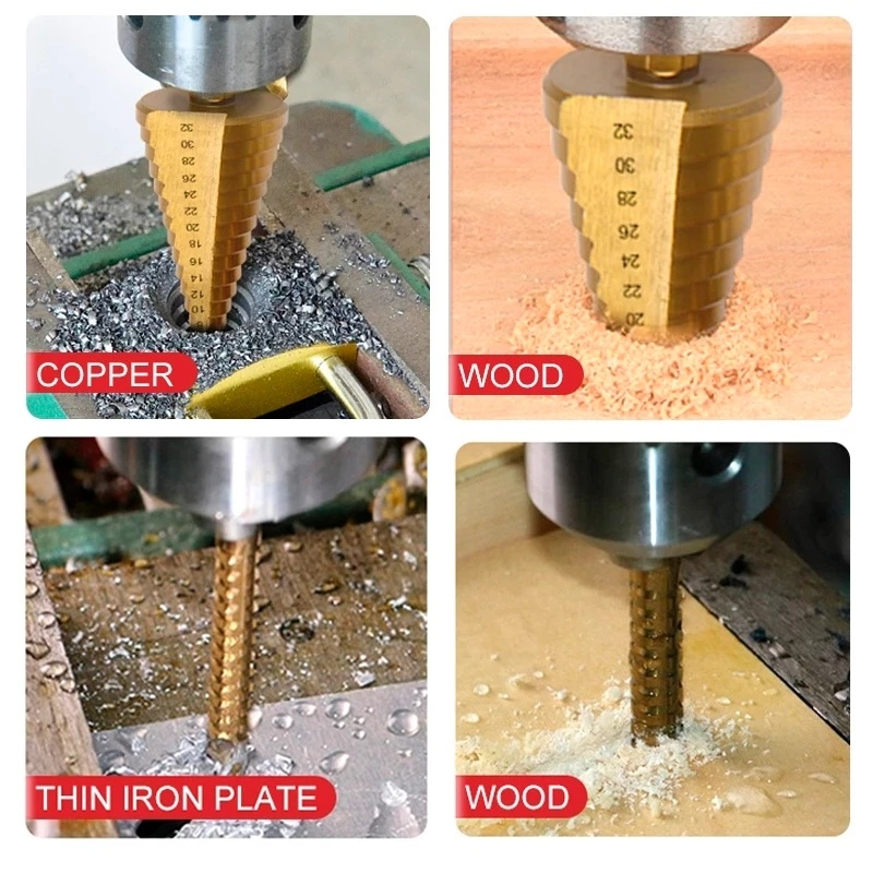 6Pcs HSS Steel Titanium Step Drill Bit Set Metal Hole Cutter Wood Cone Core Drilling Hole Twist Saw Drill 4-12/20/32mm