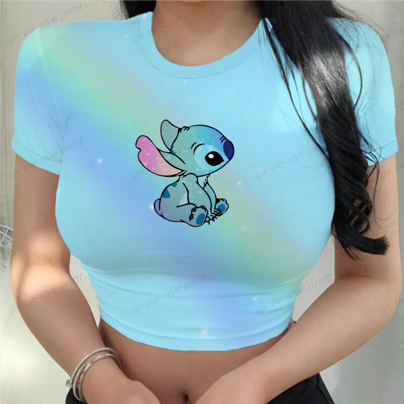 Disney Vrouwelijke Kleding Sexy Y2k Slim Fit Kawaii Zomer Stitch Partij Mode Vrouw Blouses 2023 Strakke Crop Top T-shirts Print 3xl