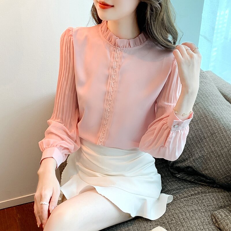 2022 colletto alla coreana Top camicia rosa primavera donna maniche lunghe nuova camicetta allentata in Chiffon camicetta Vintage Blusas Mujer De Moda 983i