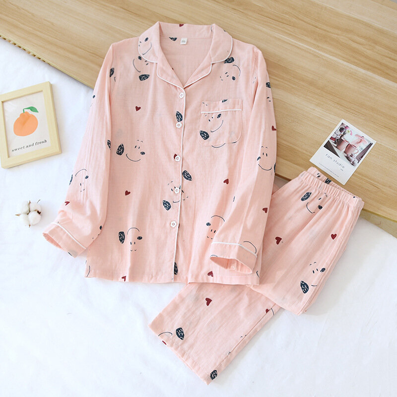 Conjunto de pijama de algodón para mujer, ropa de dormir con solapa, pantalones de manga larga, ropa de casa rosa de dibujos animados, traje de Casa fino y transpirable para verano