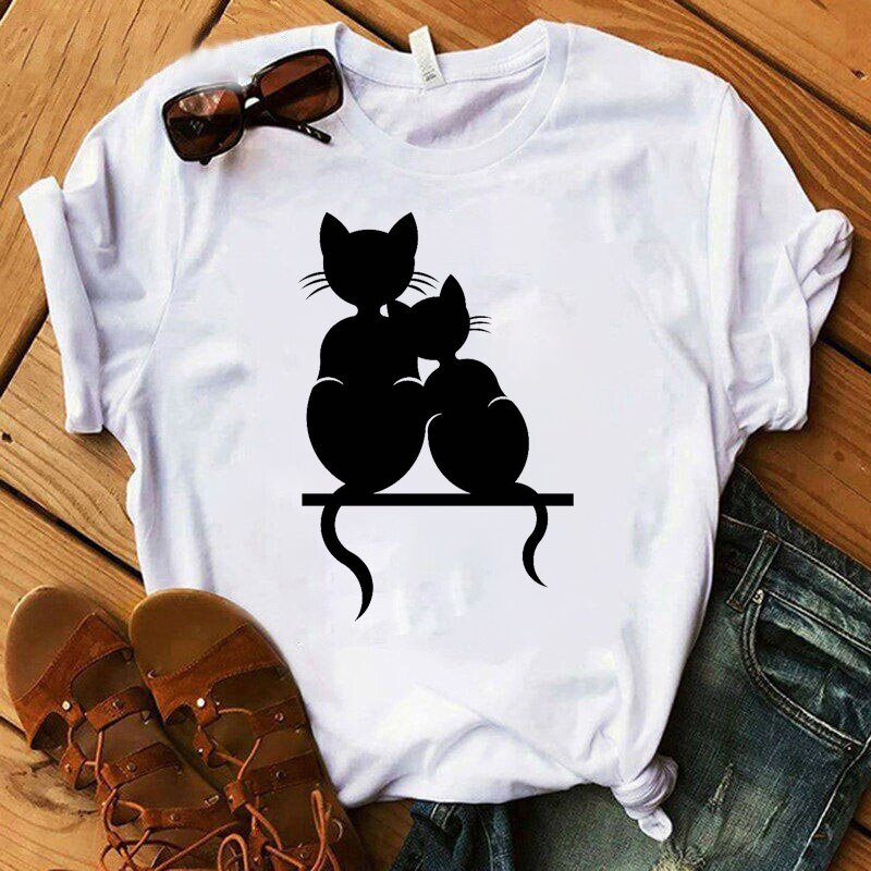 Kaus Gambar Kucing Lucu untuk Wanita Musim Panas Kaos Oblong Kasual Lengan Pendek Lucu Atasan Leher Bulat Wanita Lucu