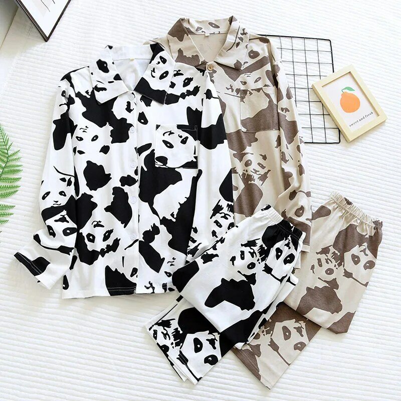 Cartoon Panda Pajamas Suit Couple Models Knitted Cotton Nightwear Four Seasons Thin Men Women Long-sleeved Trousers Home Clothes