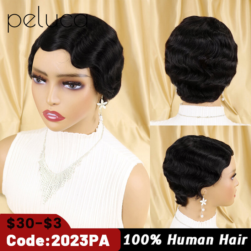 Pelucas cortas de cabello humano para mujeres negras, hechas a máquina, peluca brasileña con ondas de dedo, corte Pixie corto, Color Natural, sin pegamento, 150%