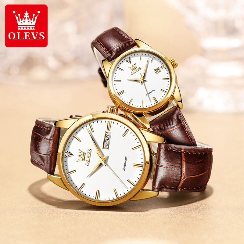 OLEVS Automatic Mechanical Corium Strap Couple  Wristwatch Full-automatic Luxury Fashion Waterproof Watches for Couple Luminous