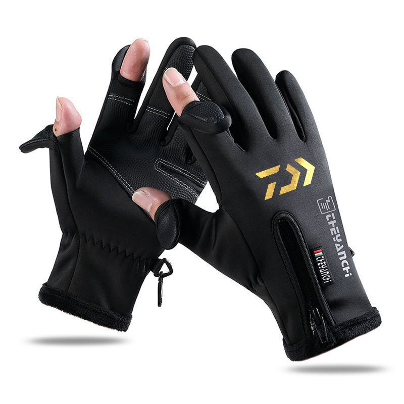 Daiwa Winter Outdoor Men Fishing Gloves Two-Finger Waterproof Touch Screen Thick Plus Fleece Non-Slip Full Finger Fishing Gloves