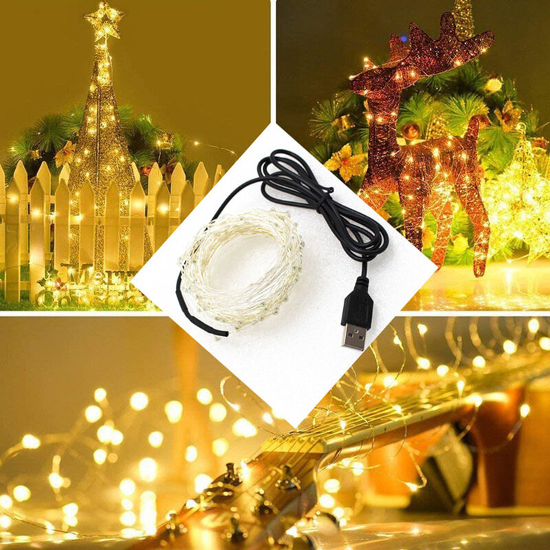 Guirnalda de luces LED de alambre de cobre impermeable, guirnalda de hadas con USB, 5 piezas, 5V, para regalo de Navidad, dormitorio, boda, fiesta, decoración