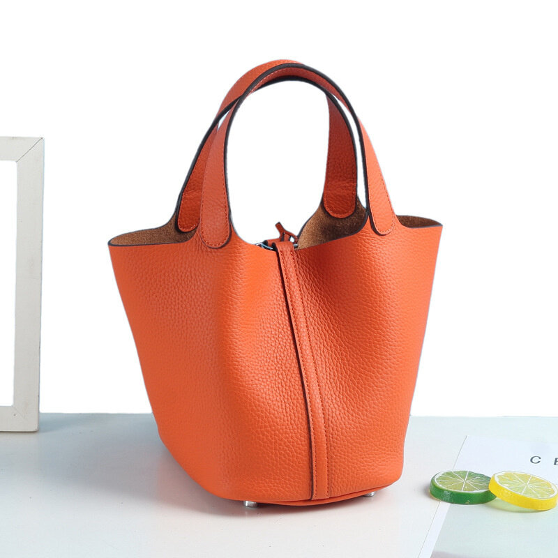 new 2022 leather net red vegetable basket bag leather bucket bag litchi pattern leisure handbag women's small hand bag