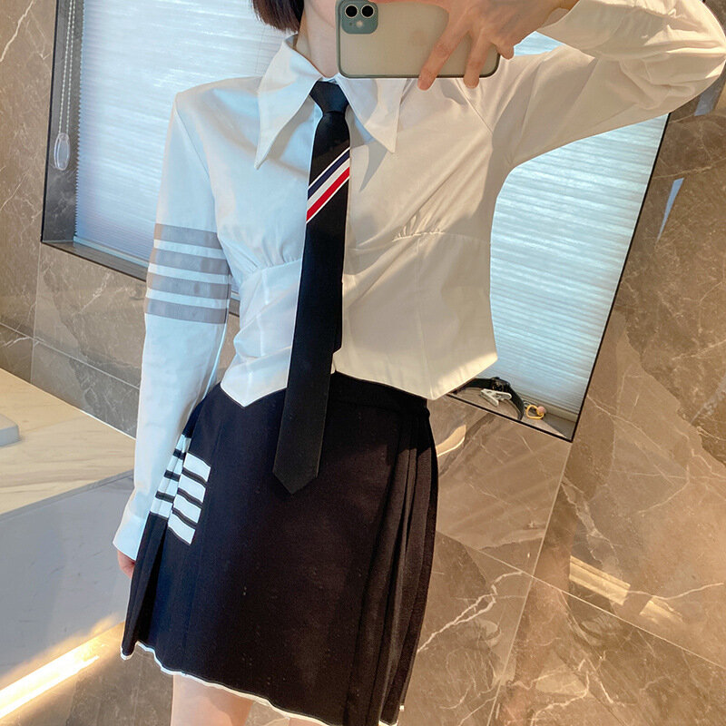 Alta Qualidade Estilo Coreano TB Slim Tie Camisa de Manga Longa Das Mulheres Primavera e Verão New College Branco Camisa Bottoming